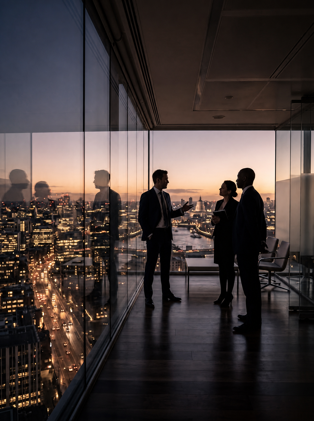 Reunião entre executivos em uma sala com vista urbana ao entardecer.