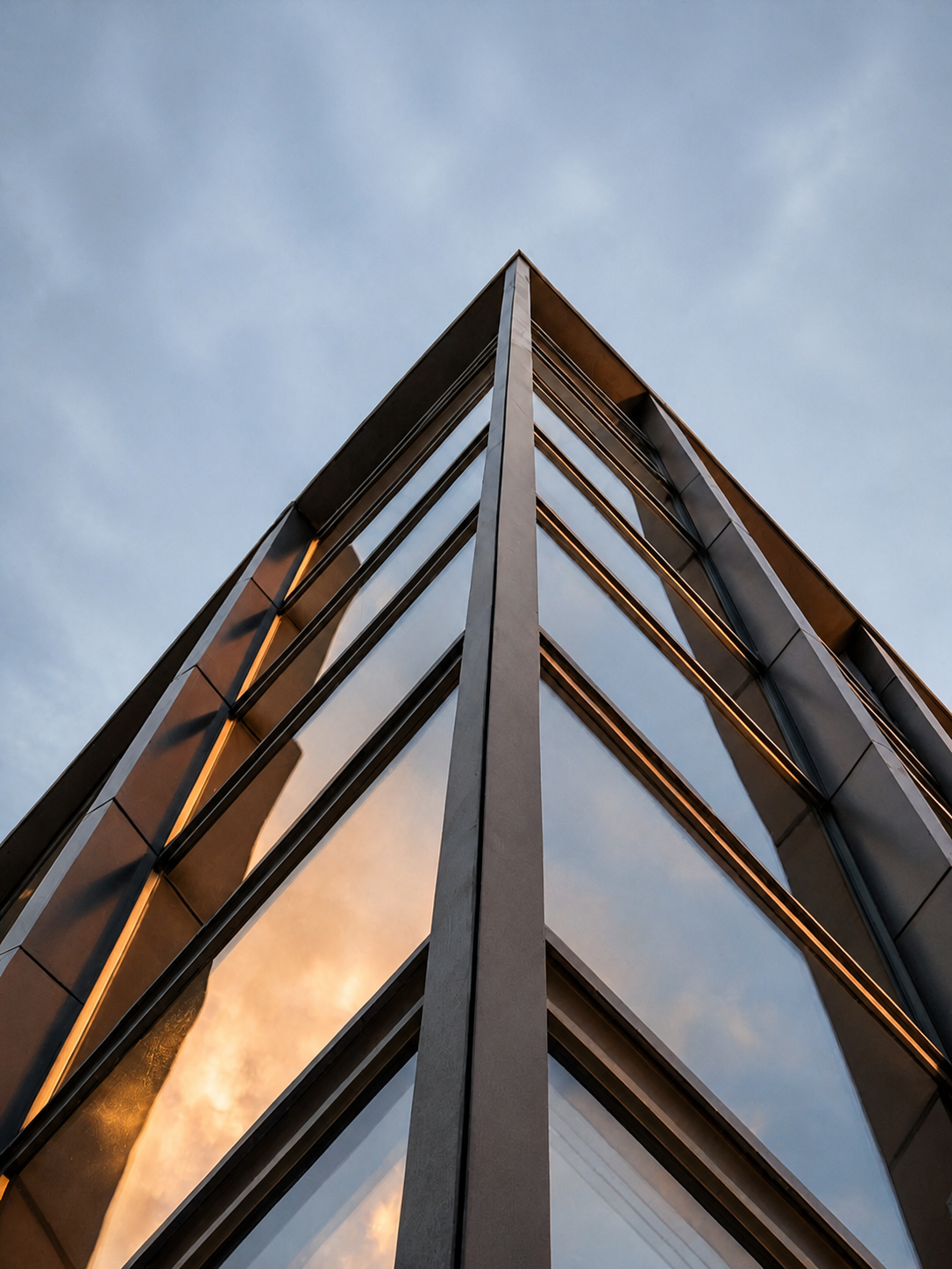 Edifício contemporâneo visto de baixo, com planos de vidro e metal refletindo luz cálida.